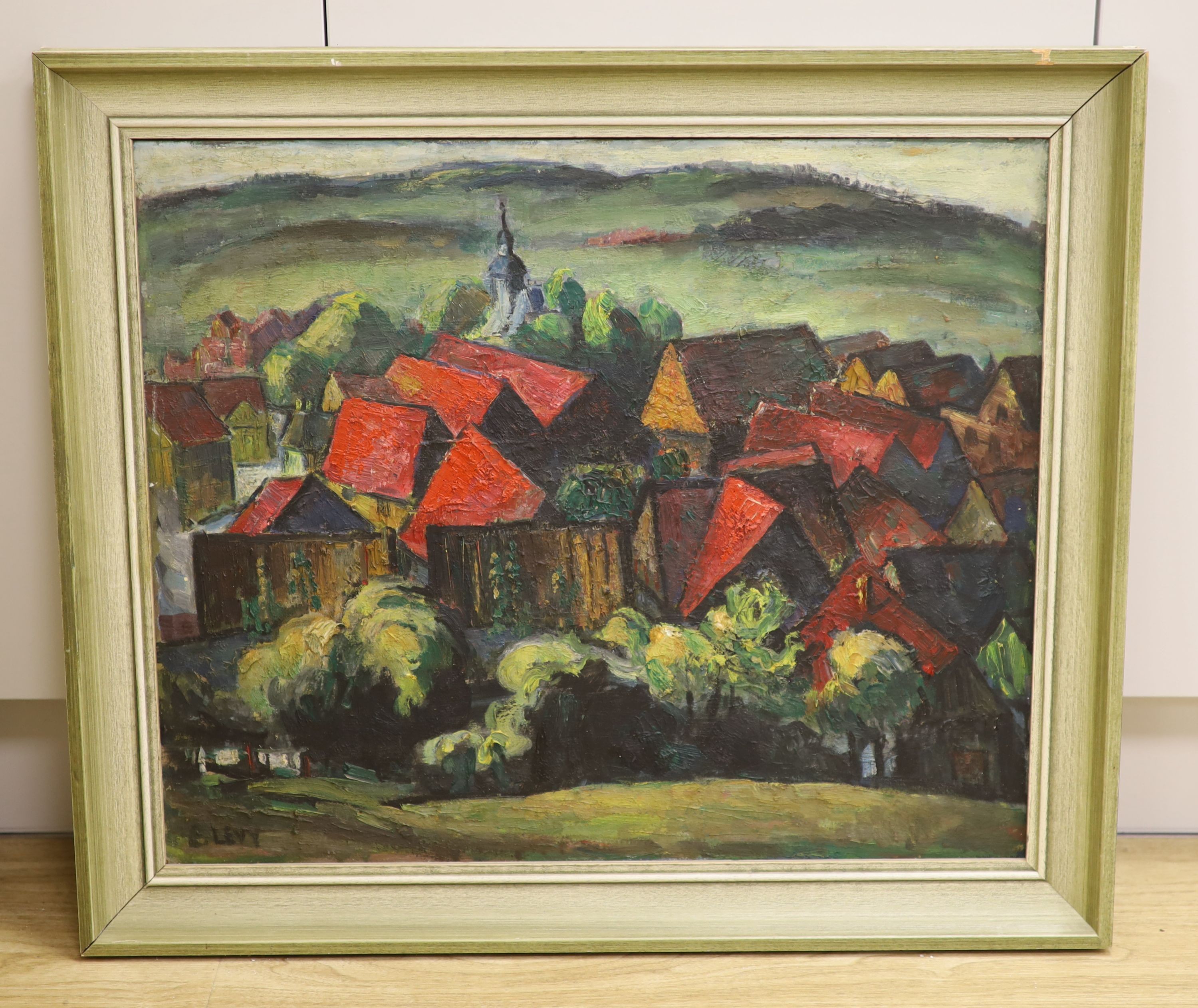 Emmanuel Levy (1900-1986), oil on board, The Red Village, signed with label verso, 50 x 60cm
